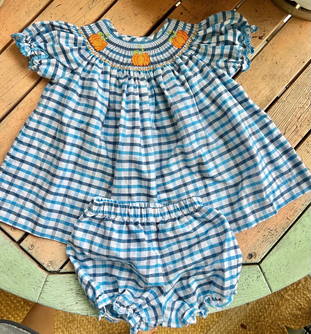 Classic Whimsy Smocked Pumpkin Outfit Set - Size 3T (Blue Plaid Top & Bloomers)